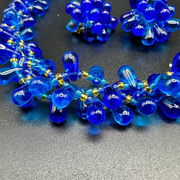 Vintage CZECH element blue teardrop glass beads clips on earrings and necklace - Picture 15 of 16